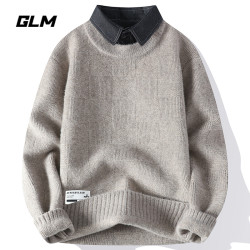 GLM 秋冬新款休闲衬衫领假两件套头加厚保暖毛衣 男带领针织衫外套