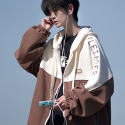 东方骆驼 秋冬季撞色连帽宽松开衫外套男士潮流青少年春秋季学生卫衣外套