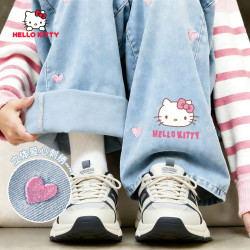 Hello Kitty女童春季牛仔裤2026新款时尚爱心刺绣阔腿裤儿童裤子