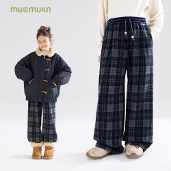 MUCMUKN 百搭藏青拼色格子一体绒卫裤子男女童冬新款M54ZK5836