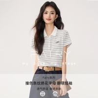 秋水伊人 撞色条纹翻领POLO衫夏季绣花字母宽松短袖