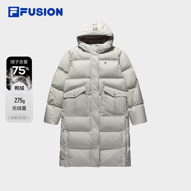 FILA FUSION斐乐潮牌长款羽绒服女冬季新款宽松保暖连帽外套
