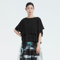 S.DEER 今日好价：sdeer圣迪奥雪纺上衣女夏款休闲圆领拼接宽松雪纺衬衫S21280401