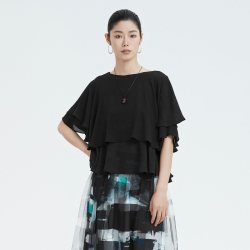 S.DEER 今日好价：sdeer圣迪奥雪纺上衣女夏款休闲圆领拼接宽松雪纺衬衫S21280401