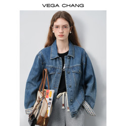 VEGA CHANG 短外套女2026新款春季小个子袖口花纹点缀百搭牛仔外套 砂浪蓝 S