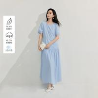 茵曼 通勤拼接连衣裙女夏季气质收腰显瘦蓝裙子