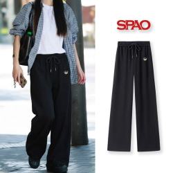 SPAO 小熊刺绣阔腿卫裤女松紧高腰垂感直筒宽松显瘦百搭款休闲运动长裤