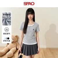 SPAO 【小熊印花】假两件撞色短袖T恤 抽褶正肩
