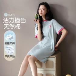 猫人 亲肤透气睡衣女轻薄睡衣撞色圆领短袖短裙睡裙女