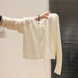 颂杏色镂空针织开衫罩衫女2026夏季大码内搭长袖防晒上衣黑色蓝色