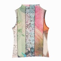 Desigual 新品网纱弹力修身印花拼接修身无袖女式T恤背心
