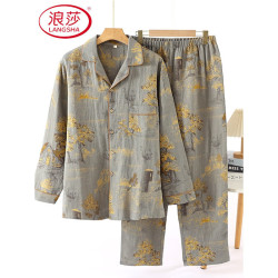 浪莎 复古纯棉双层纱布睡衣男春秋款长袖长裤家夏季薄款大码家居服套装 灰色山水画翻领男长套 XL 150-180斤