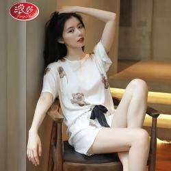 浪莎 睡衣女士夏季薄款冰丝印花短袖短裤圆领套装仿真丝凉感外穿家居服 小熊套头白色 M