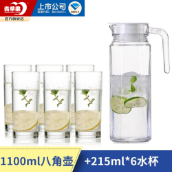 青苹果 冷水壶玻璃水壶大容量泡茶壶家用耐高温凉白开水杯鸭嘴扎壶凉水壶 八角壶1100ML+水杯6只