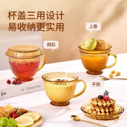 三光云彩 韩国盖朗玻璃早餐杯5件套、琥珀色燕麦牛奶杯带盖勺子大容量