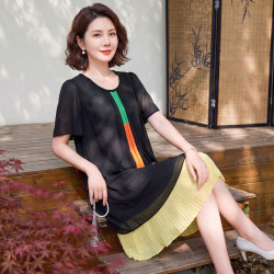 昊意 妈妈装夏季撞色拼接连衣裙收腰显瘦雪纺短袖百搭气质长裙