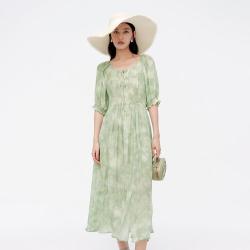 红袖 夏季女装晕染开叉收腰圆领套头印花裙