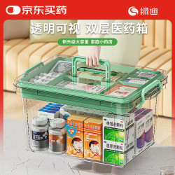 绿迪 家用医药箱收纳盒学校急救箱透明两层超大容量大号手提药品分装盒
