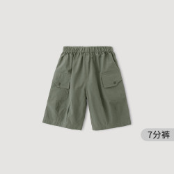 巴厘小猪 儿童工装裤夏季薄款男童直筒裤纯棉裤子女童休闲裤夏款宝宝七分裤 军绿 73