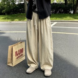 月伊纺 夏季新款棉麻休闲裤男宽松直筒高街长裤青年大码百搭弯刀裤亚麻裤