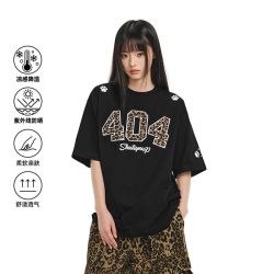 404MOBGANG [章若楠同款]404MOB豹纹马毛刺绣美式复古短袖T恤男女凉感防晒潮T