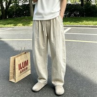 月伊纺 棉麻休闲裤男款2026夏季宽松直筒裤青年百搭阔腿运动裤潮流弯刀裤