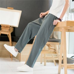 月伊纺 纯棉休闲裤男士夏季新款宽松直筒裤青年棉麻百搭哈伦裤100%棉男裤