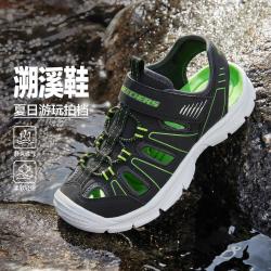 斯凯奇 轻质舒适 男中大童凉鞋 防踢护趾  33.5/脚长210mm 黑色/柠檬色
