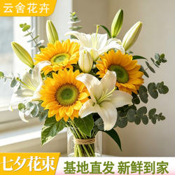 云舍花卉 七夕送礼鲜花斗南基地直花 绿心向日葵3支西伯利亚百合4朵尤加利叶6枝