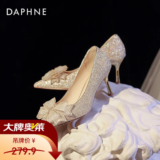 达芙妮 【金色蝴蝶结】水晶高跟鞋 婚鞋 新娘鞋