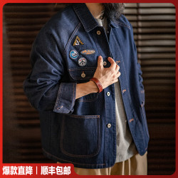 马登 工装美式徽章牛仔夹克重磅水洗翻领外套男秋冬