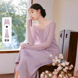 香影 2026春装新中式提花吊带裙套装女镂空针织罩衫裙子两件套