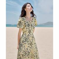 秋水伊人 夏日雏菊碎花阳光裙法式茶歇系修身泡泡袖长裙女