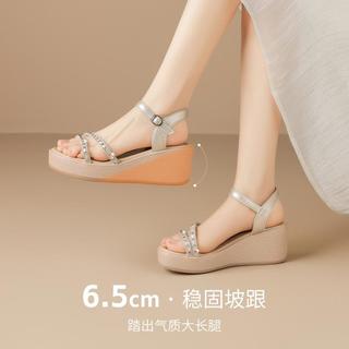 ZHR则则 6.5cm水钻坡跟一字带女士凉鞋