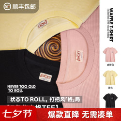马登 工装美式复古华夫格圆领短袖t恤重磅阿美咔叽印第安印花上衣男夏 黑色  L