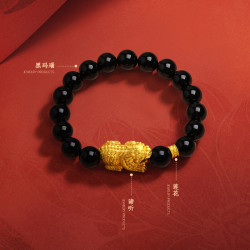 周六福 黄金转运珠黑玛瑙手链 九华山联名鸿福谛听 定价A1915262 约3.94g