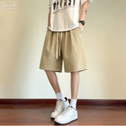 月伊纺 夏季刺绣短裤男宽松直筒大码五分裤青年速干透气松紧腰半身大裤衩