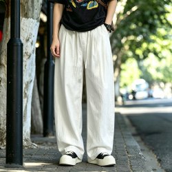 月伊纺 夏季宽松直筒休闲裤男士棉麻弯刀裤白色阔腿裤青年100%纯棉山本裤