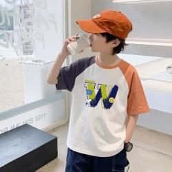 史努比 男童夏季纯棉短袖T恤百搭学生中大童青少年潮流插肩拼色袖上衣