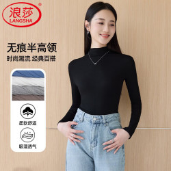 浪莎 半高领打底衫女春秋内搭2026新款高级感修身显瘦洋气t恤长袖上衣 黑色 L