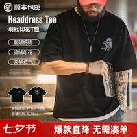 马登 工装 美式复古印第安烫鞣印花t恤男夏季宽松重磅竹节纯棉短袖Tee 黑色 3XL