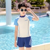 佑游 儿童泳衣男童分体中大童2026新款男孩青少年双层泳裤泳衣夏季套装 黄色 140