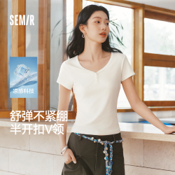 森马 短袖T恤女夏季短款V领半开襟套头衫紧身纯色正肩2026新上衣