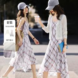 苏醒的乐园 秋季针织开衫格纹吊带连衣裙套装