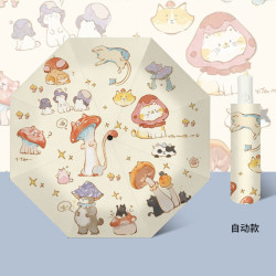 温诗欧 全自动三折晴雨伞黑胶防晒遮阳卡通数码折叠伞 306自动-猫趣蘑菇