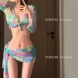 OMOM 欧美ins性感梦幻扎染罩衫纱裙比基尼四件套罩衫分体泳衣女