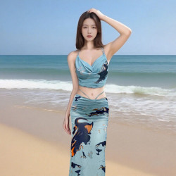 FOURDATRY 温泉度假遮肚显瘦比基尼泳衣女性感分体三件套游泳衣长裙纯欲泳装