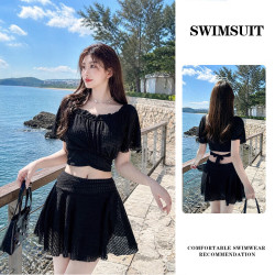 FOURDATRY 法式泡泡袖分体泳衣女夏保守遮肚显瘦白色裙式温泉度假泳装