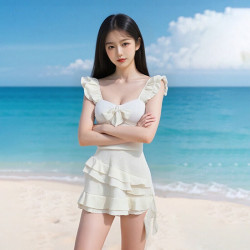 FOURDATRY 泳衣女高级感连体裙式法式优雅纯欲荷叶边聚拢沙滩温泉度假泳装