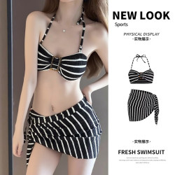 FOURDATRY 2025新款泳衣女性感比基尼三件套条纹分体高级感海边度假热卖泳衣
